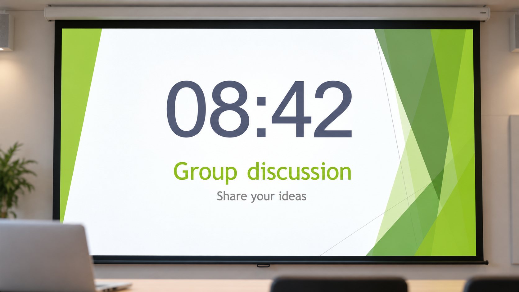 Illustration of PPT Mac Timer R showing 08:42 over a group discussion slide on a projector screen